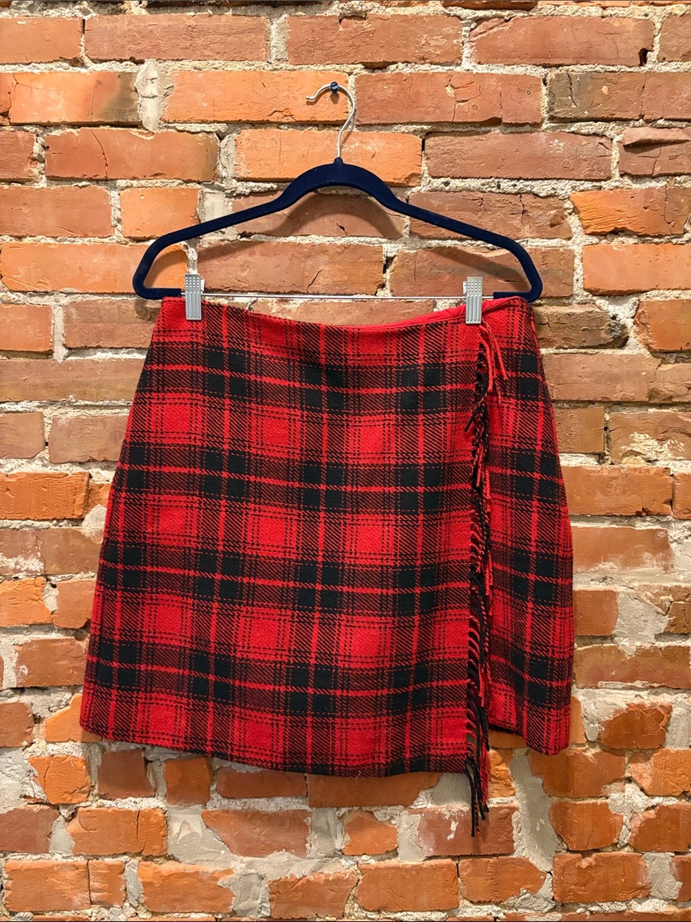 Wool-Blend Red Plaid Wrap Mini Skirt